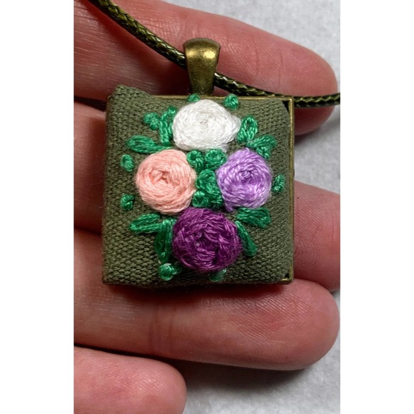 Embroidered Roses Necklace in Square Bezel - Handmade, Handstitched - Picture 1 of 4